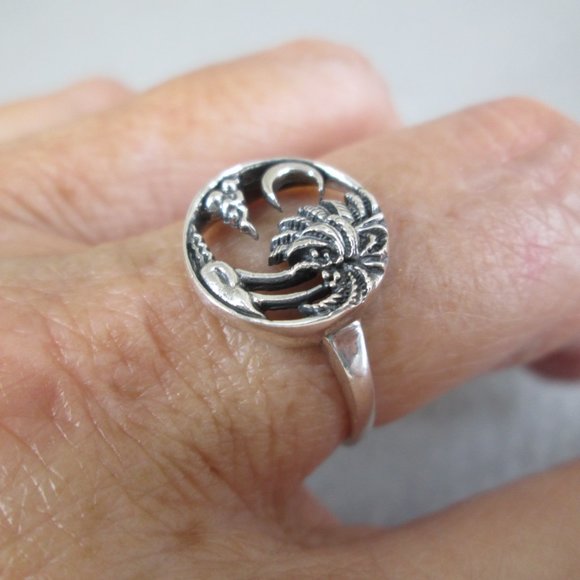 Sterling Silver Coconut Palm Tree and Crescent Moon ring>925 Palm Tree ring - Picture 3 of 7